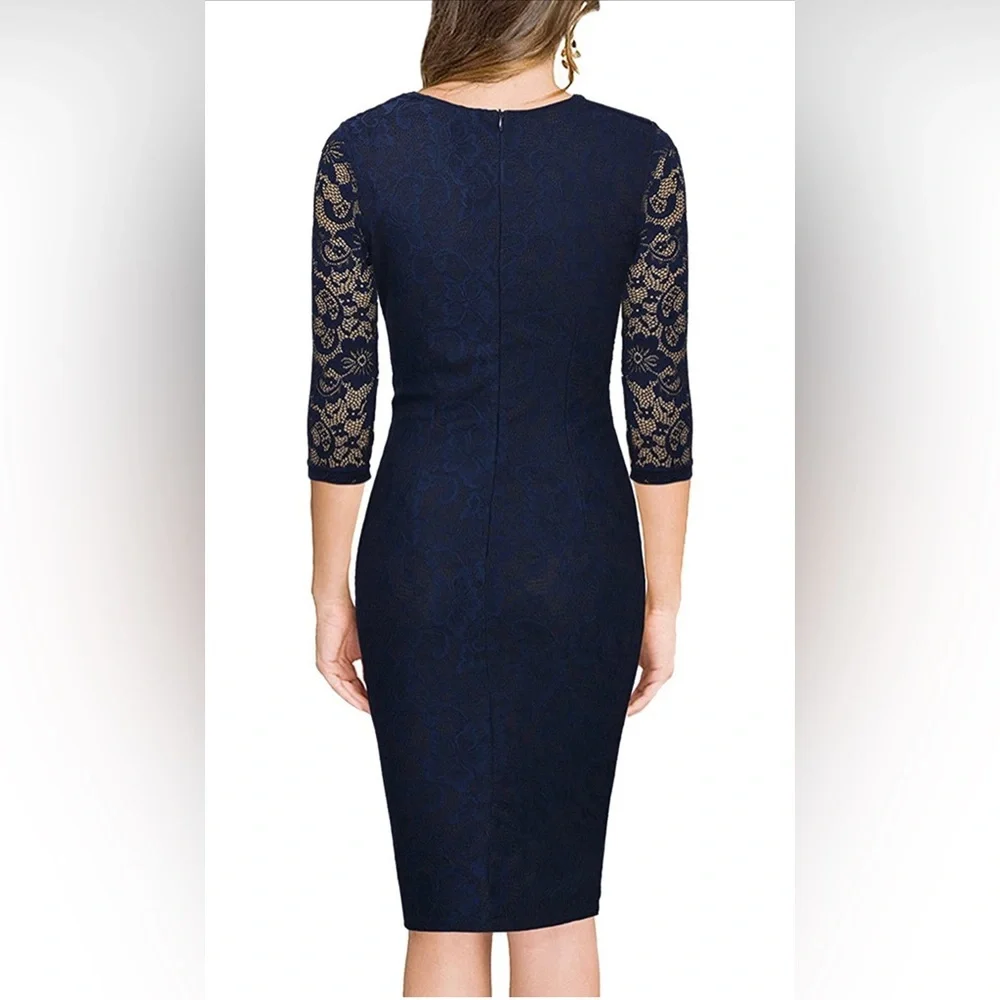 Floral lace retro fitted cocktail pencil dress - Picture 2 of 4